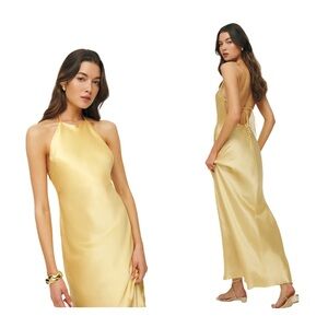 Reformation Jeany Gold Slip Dress with Halter Neckline Backless Design $328 NWT
